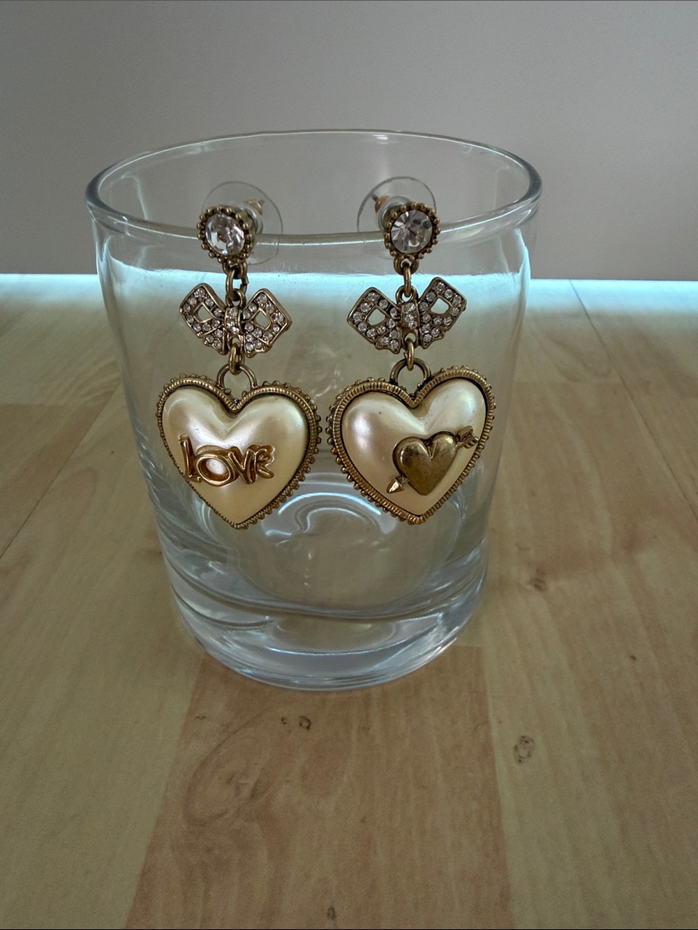 Betsey Johnson Gold-Tone Pearl Heart Drop Earrings with Rhinestone Bows